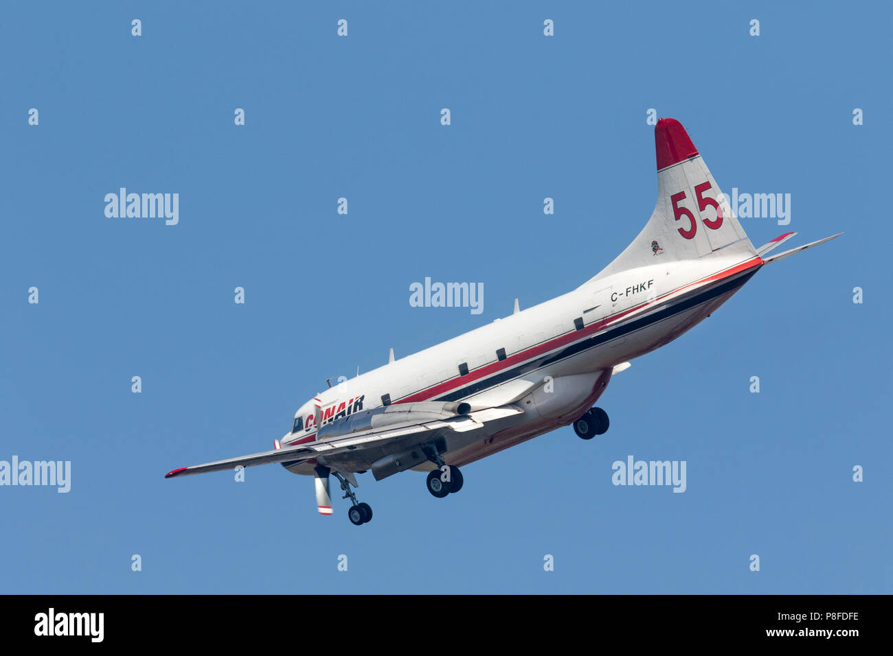 Lockheed L-188 Electra bombardier à eau en vol pour déposer la charge sur BC forewt incendie. Banque D'Images