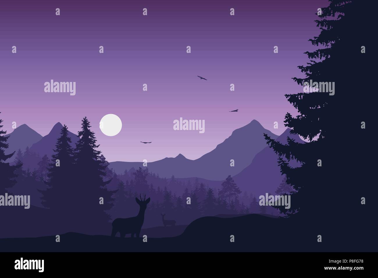 Paysage de montagne avec des forêts, cerfs et biches, sous ciel du soir avec la lune ou le soleil et les oiseaux en plein vol - vector Illustration de Vecteur