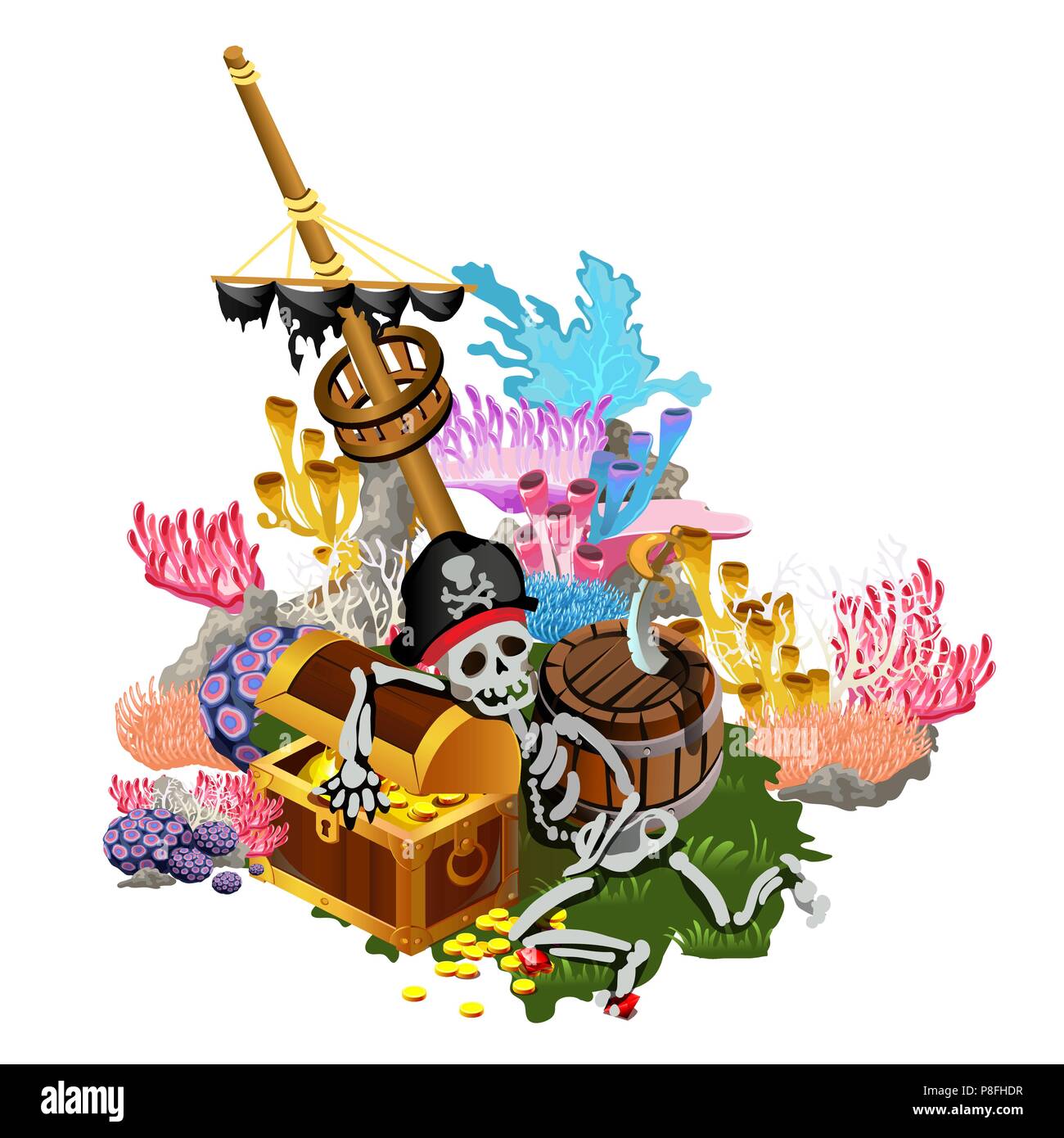 Après le naufrage du navire est envahi par les polypes et les coraux colorés sur le fond marin. Le squelette de pirate hugs le coffre de pièces d'or. Vector illustration. Illustration de Vecteur