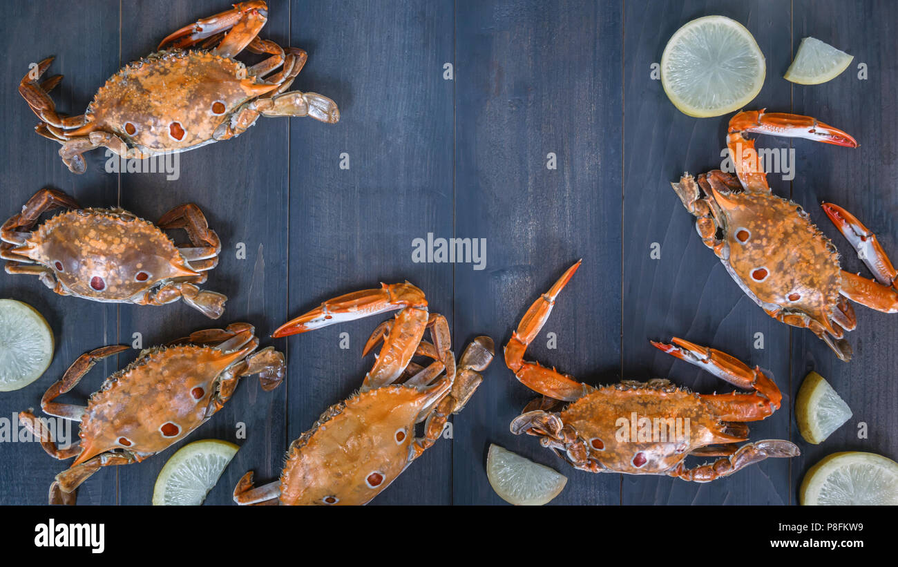 Cadre de l'alimentation avec du crabe crustacé . sur fond de bois Banque D'Images