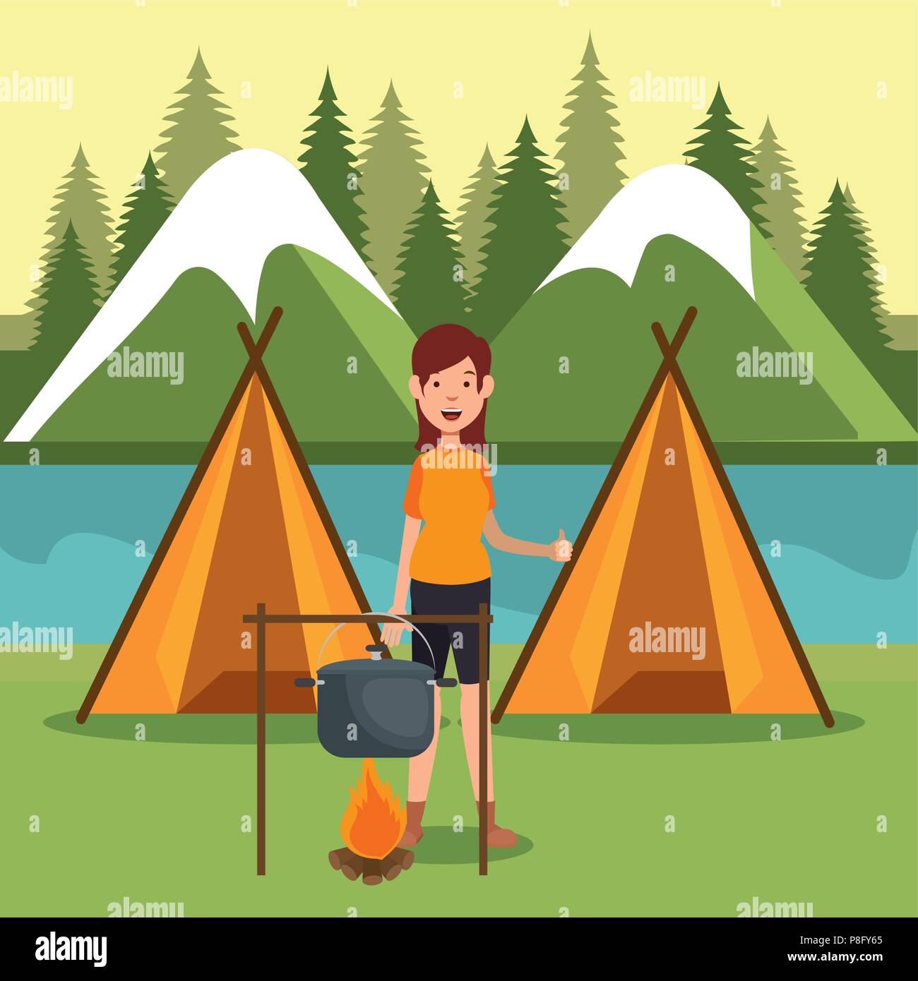 Jeune femme du scoutisme dans la zone de camping scene Illustration de Vecteur