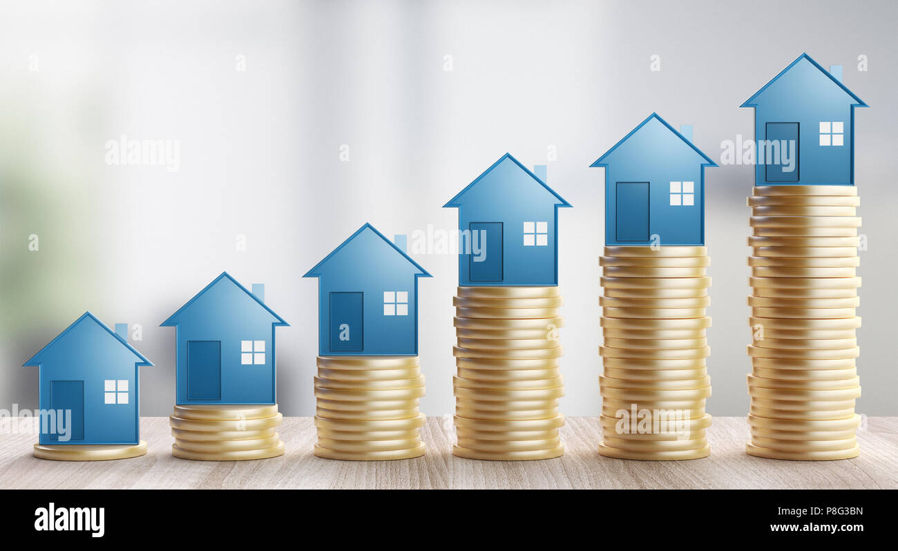 Maisons sur les pièces de monnaie, concept d'entreprise, illustration 3D render Banque D'Images