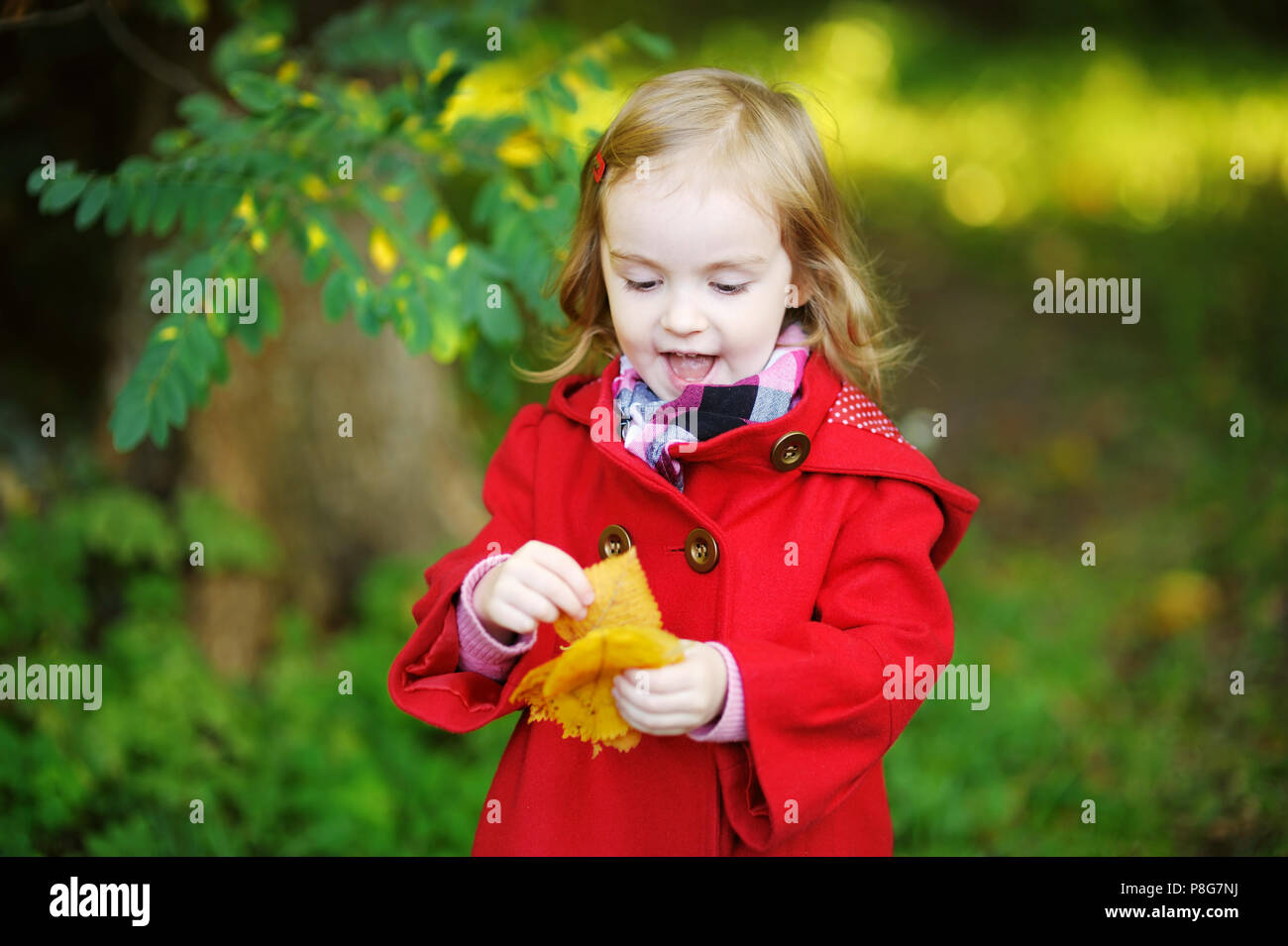 Petite fille dans un manteau rouge à l'automne les feuilles holding Banque D'Images