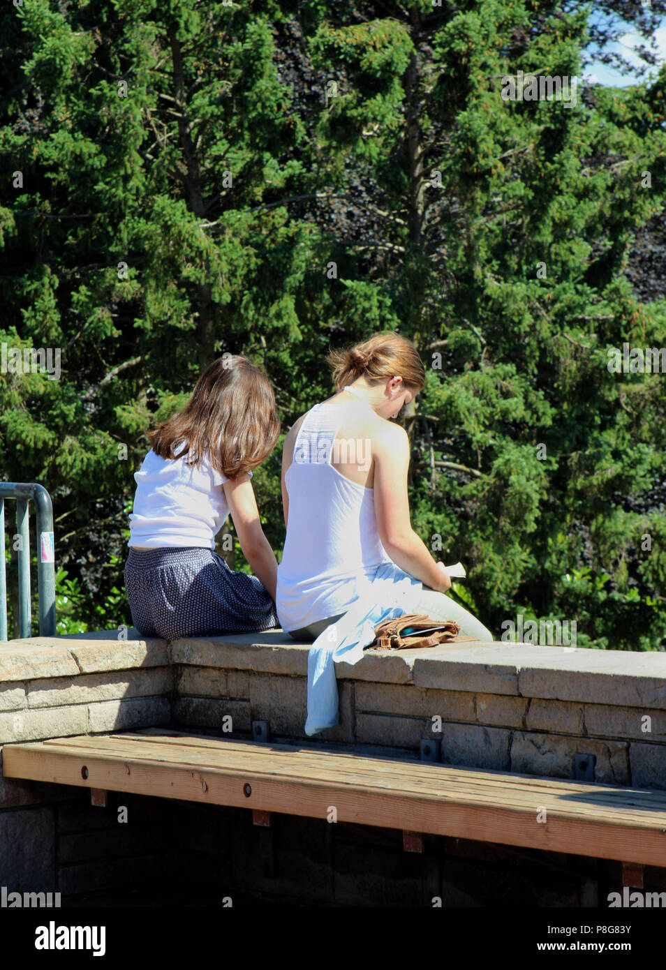Deux jeunes femmes lire et se détendre, profiter du beau temps dans un parc à Seattle, Washington Banque D'Images