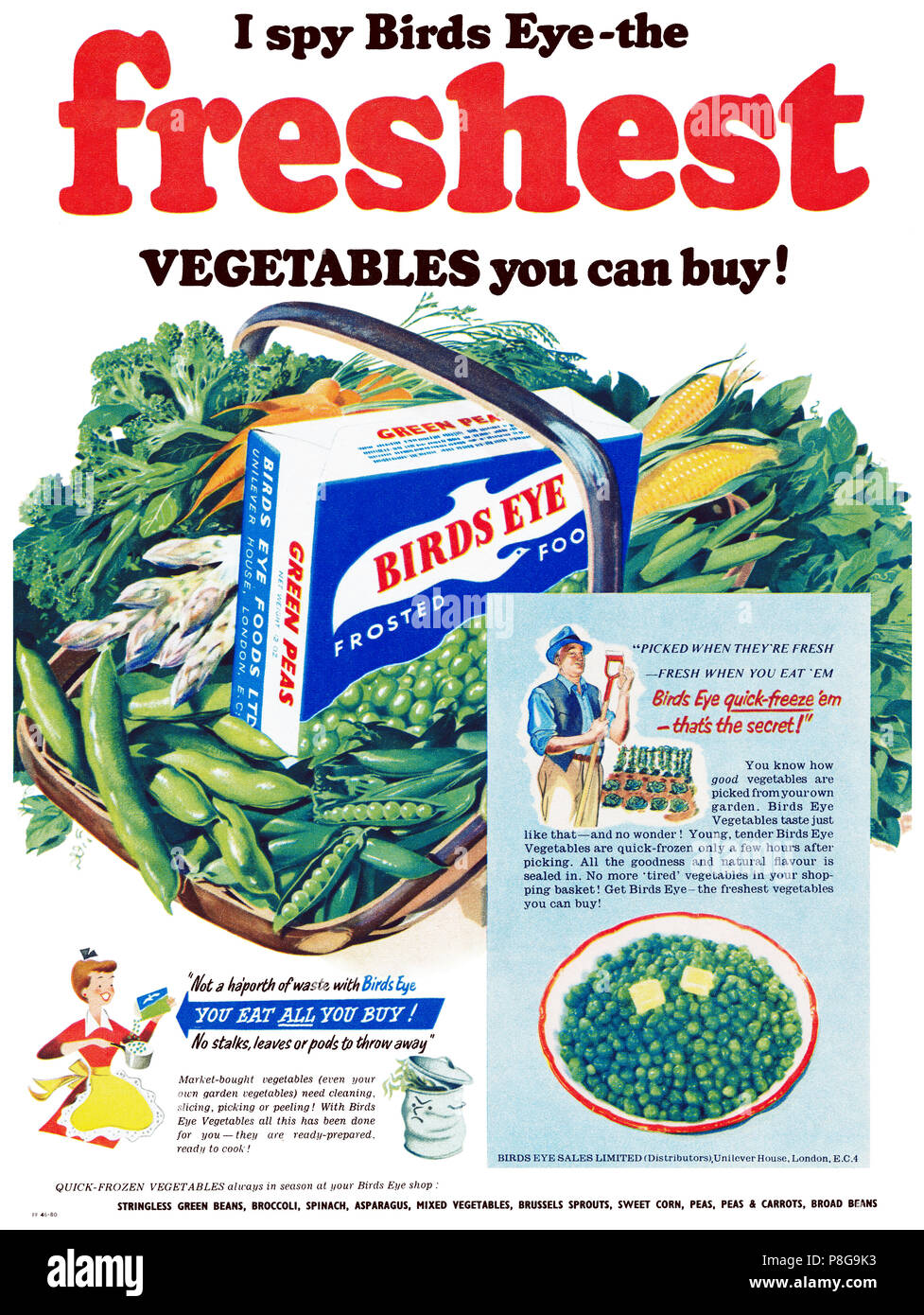 1953 La publicité pour Birds Eye légumes surgelés. Banque D'Images