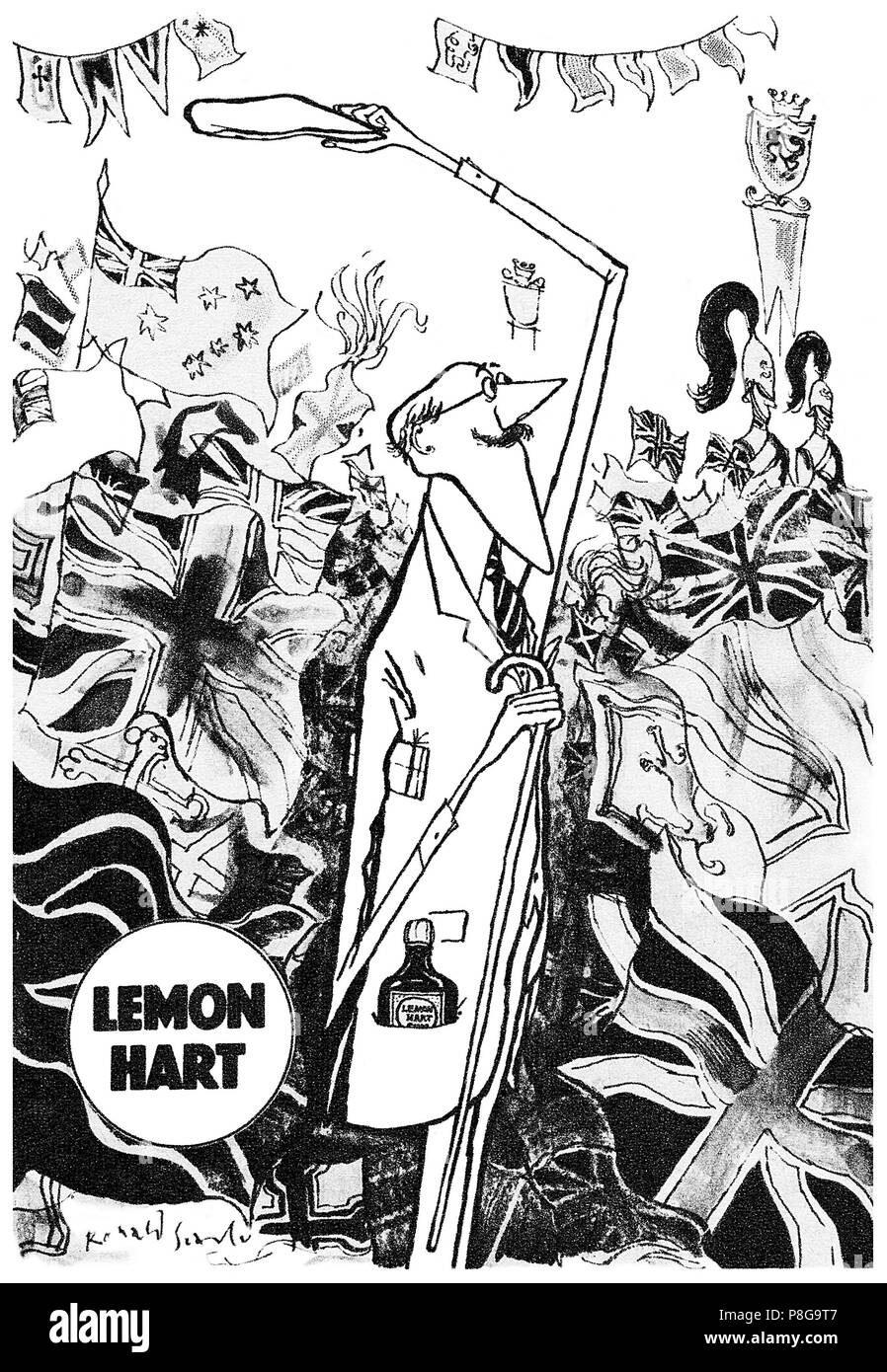 1953 La publicité pour le rhum Citron Hart dans l'année du couronnement, illustré par Ronald Searle. Banque D'Images