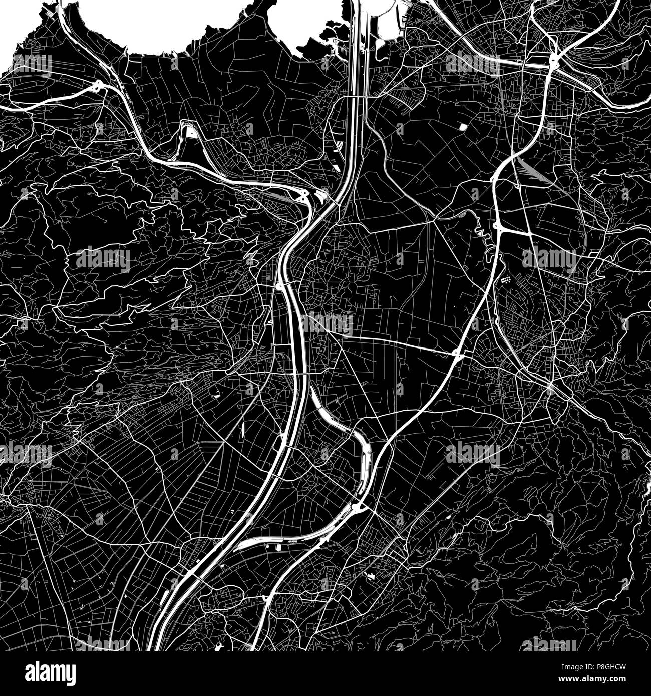 Carte de la région de Lustenau, Autriche. Fond sombre version pour l'infographie et des projets de marketing. Cette carte de Lustenau, contient des monuments typiques avec s Illustration de Vecteur