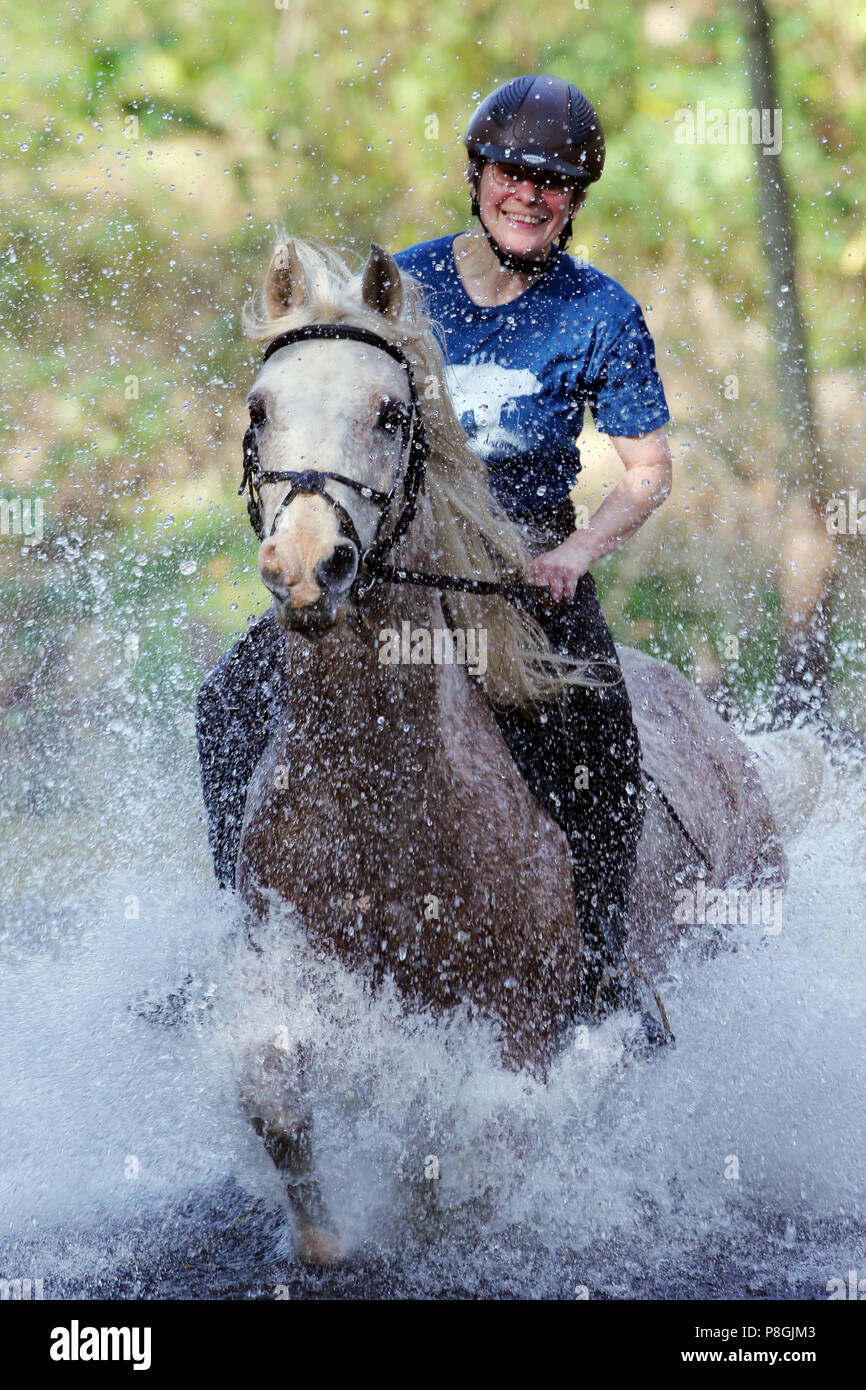 Femme Zernikov, montant un cheval galopant à travers un lac Banque D'Images