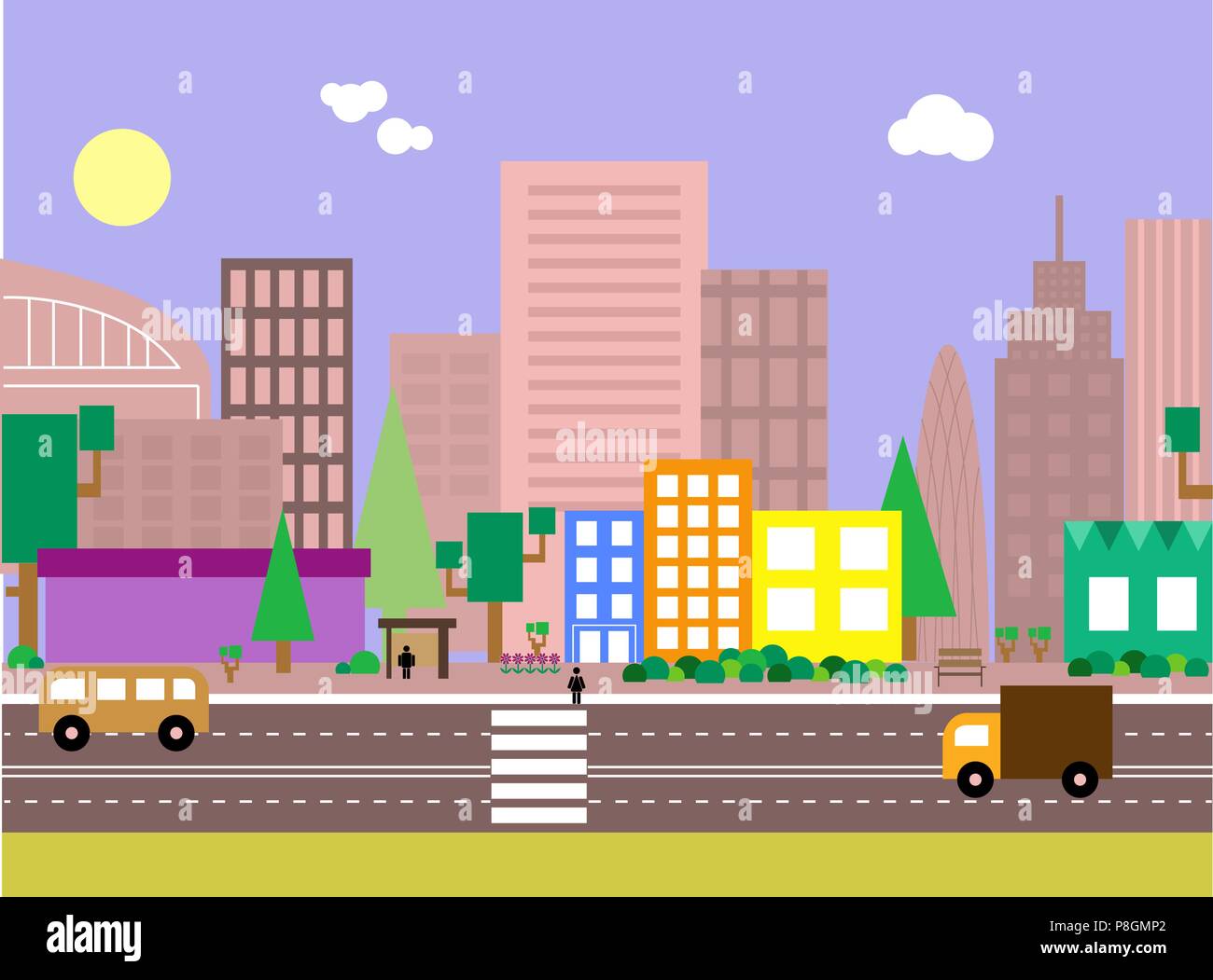 Modèle plat paysage urbain illustration. Le soir de la rue avec des bâtiments colorés et gratte-ciel à l'arrière-plan Illustration de Vecteur