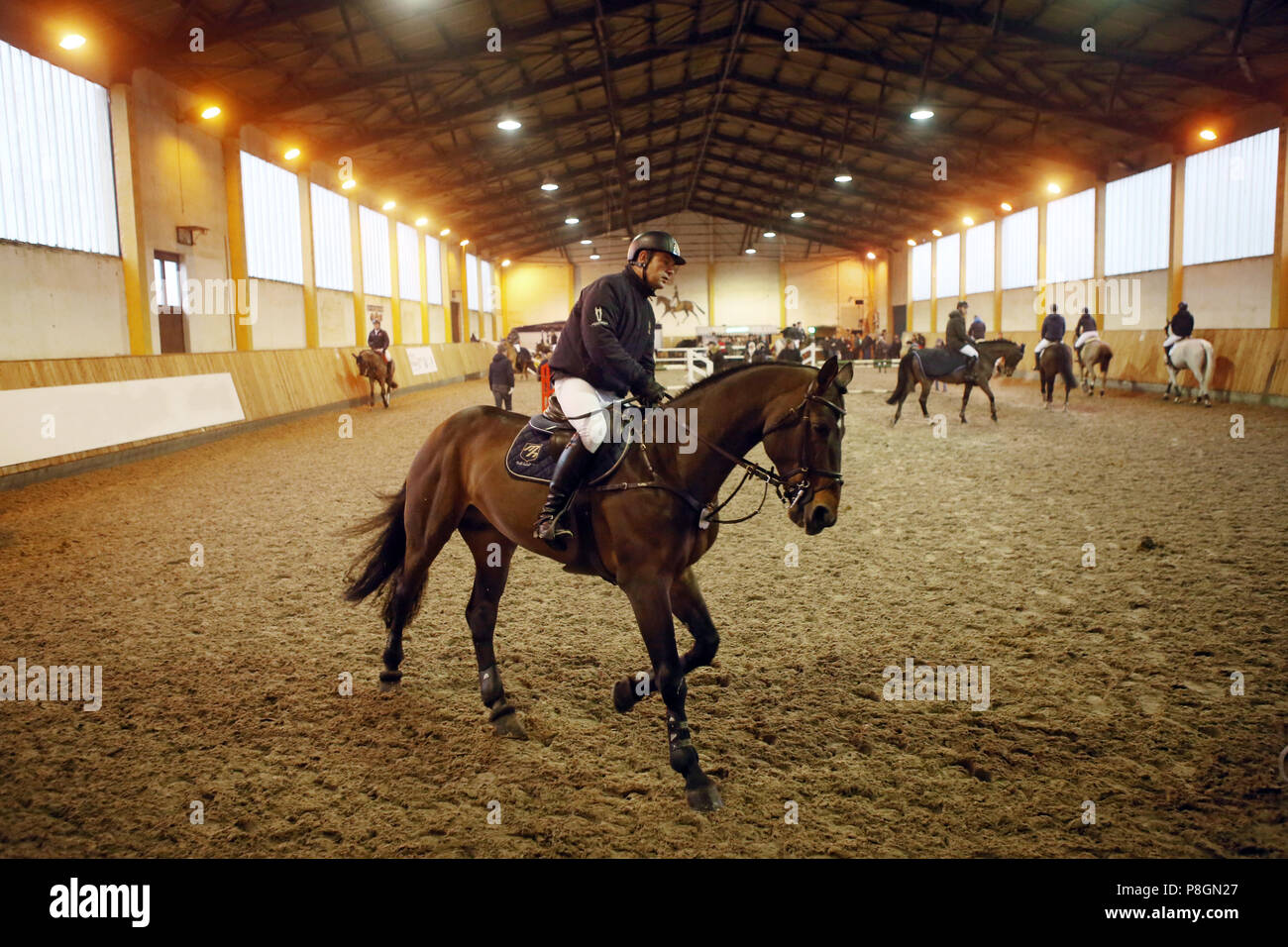 Neustadt (Dosse), chevaux et cavaliers en hiver à un tournoi dans la salle de compétition Banque D'Images