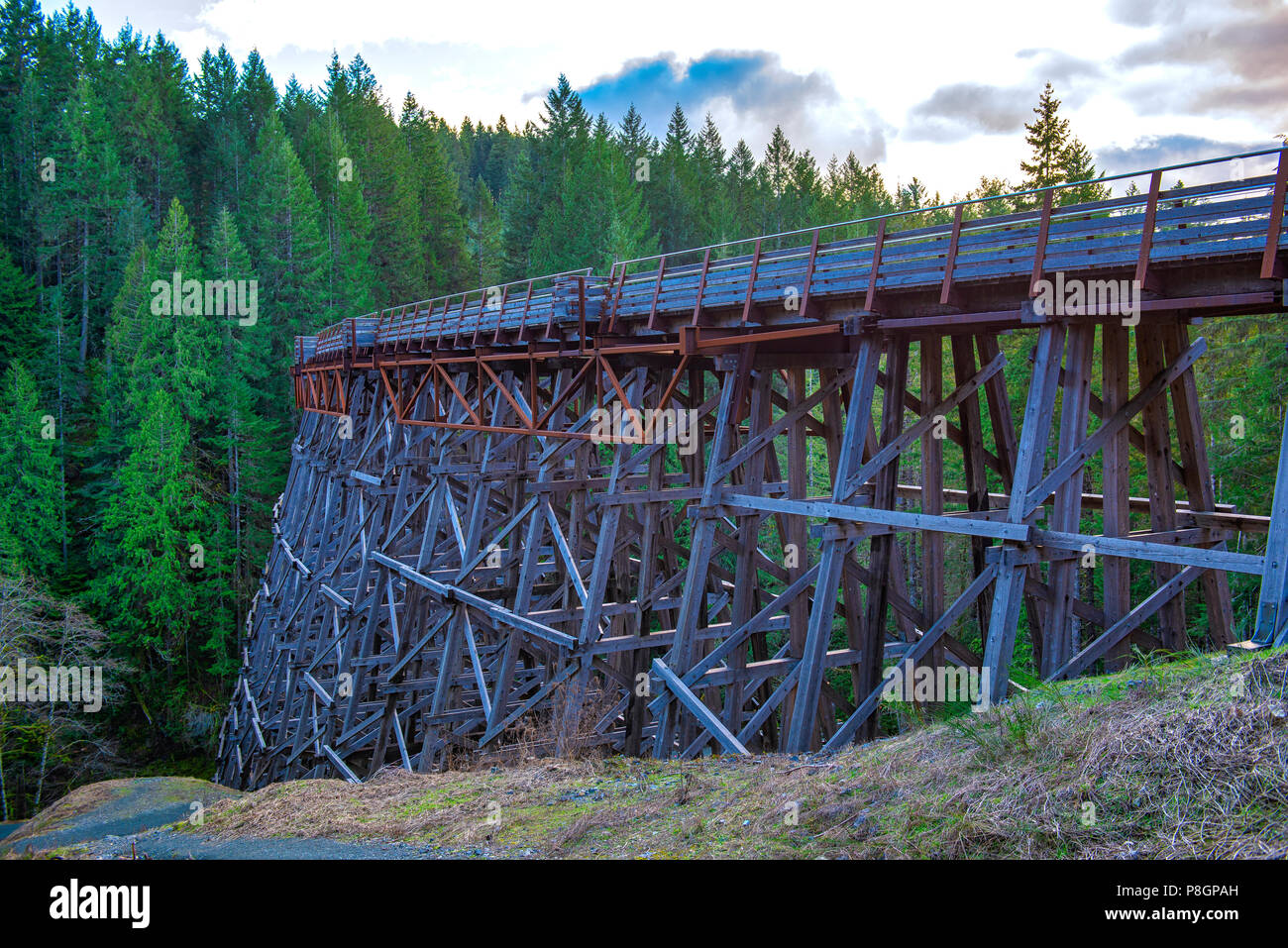 Avis de Kinsol Trestle pont de chemin de fer en bois dans l'île de Vancouver, BC Canada. Banque D'Images