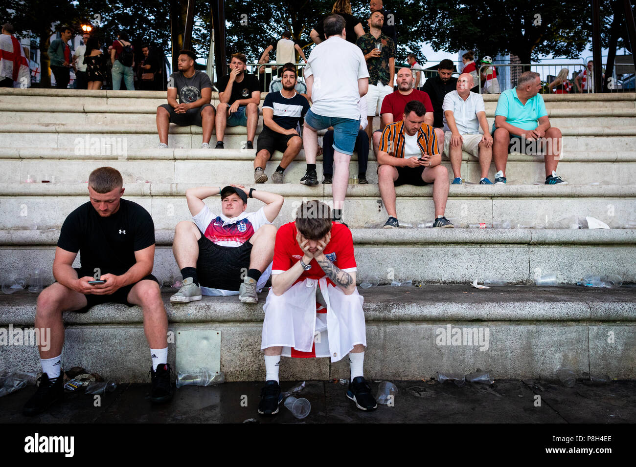 Manchester, UK 11 juillet 2018. Fans réagir à la FIFA World Cup match de demi-finale entre l'Angleterre et la Croatie à la Coupe du Monde Auto Trader le dépistage. Credit : Andy Barton/Alamy Live News Banque D'Images