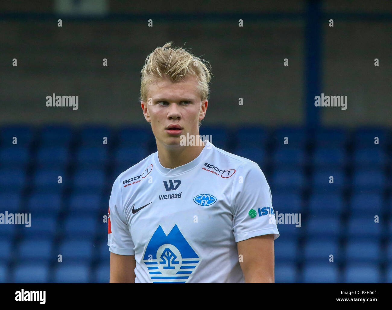 Mourneview Park, Lurgan, Irlande du Nord. 11 juillet 2018. L'UEFA Europa League (premier tour de qualification), Glenavon v Molde. Le Molde Erling Braut Haland en action à Mourneview Park. Crédit : David Hunter/Alamy Live News. Banque D'Images