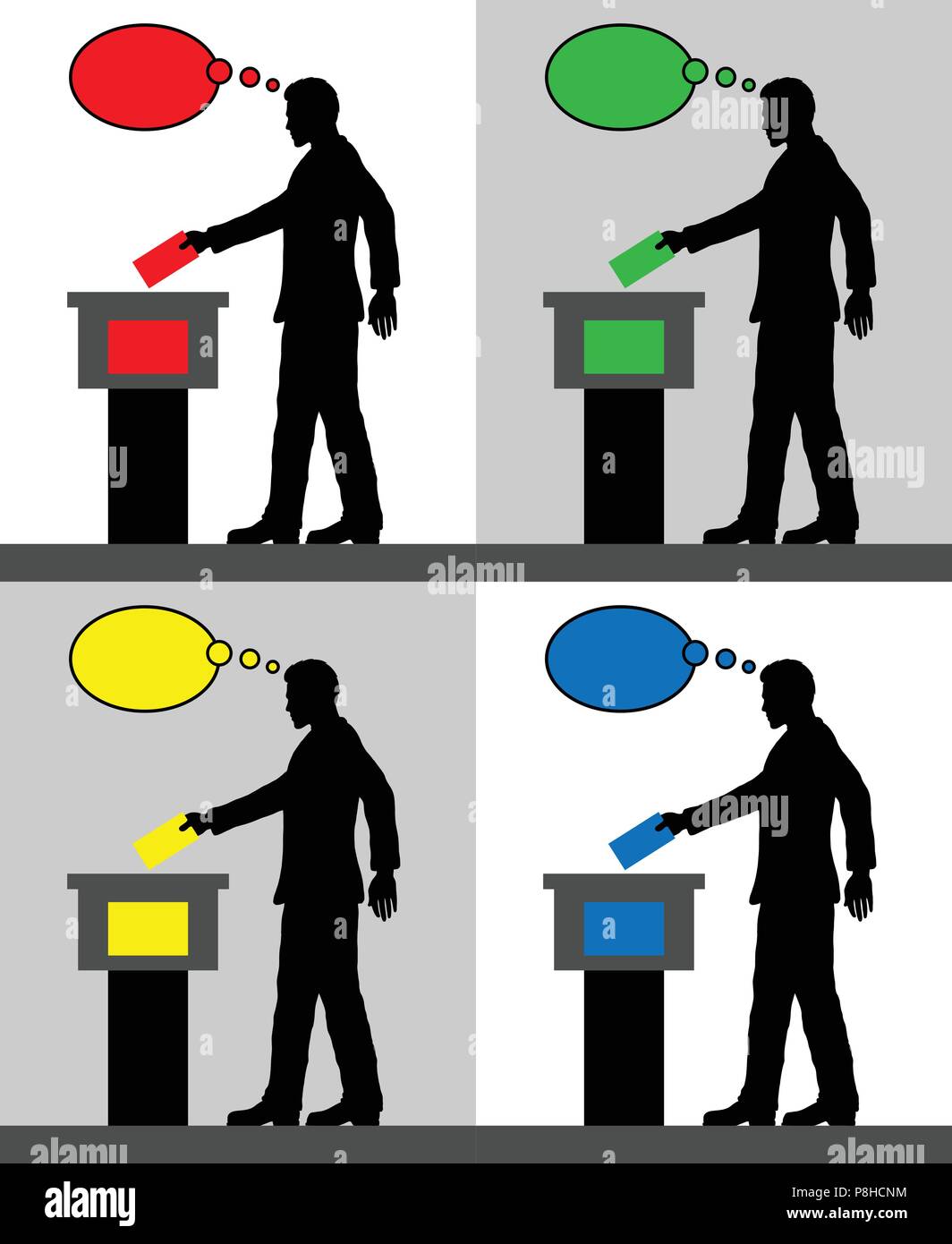 Silhouettes des électeurs masculins avec différentes couleurs de bulle pensée en votant aux élections. Tous les objets et la silhouette sont dans une autre couche Illustration de Vecteur