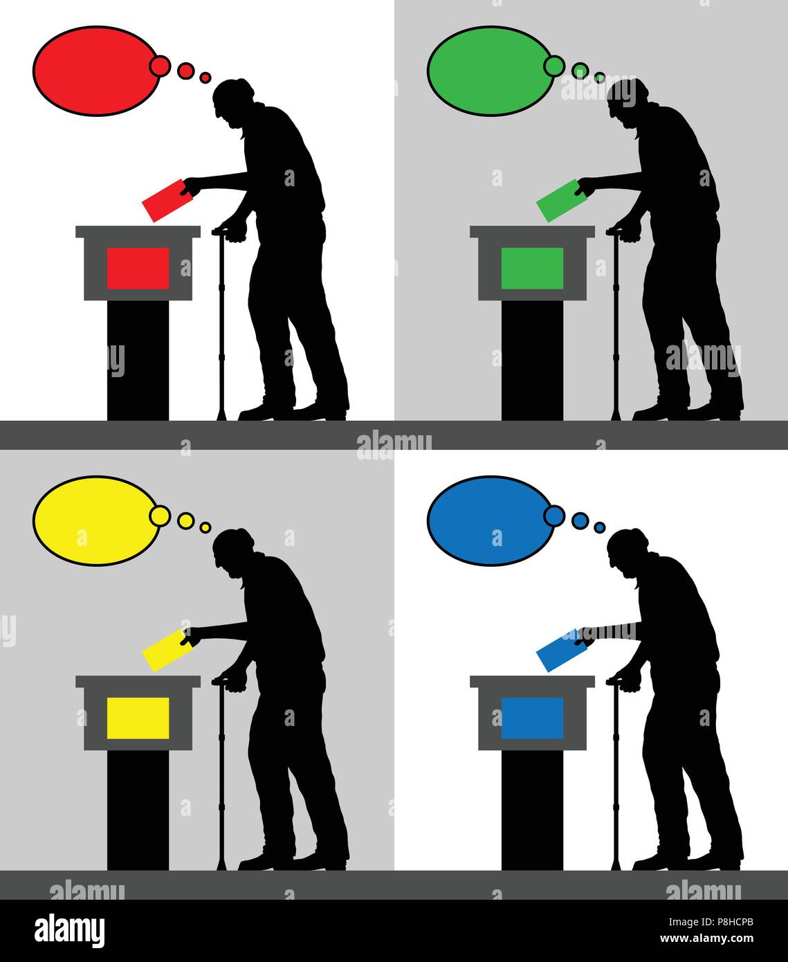 Vieil homme silhouettes des électeurs avec différentes couleurs de bulle pensée en votant aux élections. Tous les objets et la silhouette sont différents dans la Illustration de Vecteur