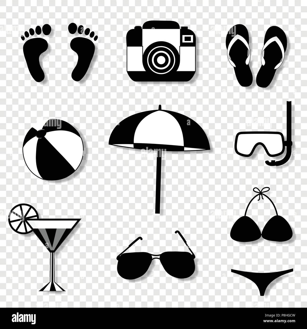 Vector illustration silhouette noir et blanc de l'été voyage beach icon set  isolé sur fond transparent. Appareil photo, tongs, parasol Image  Vectorielle Stock - Alamy
