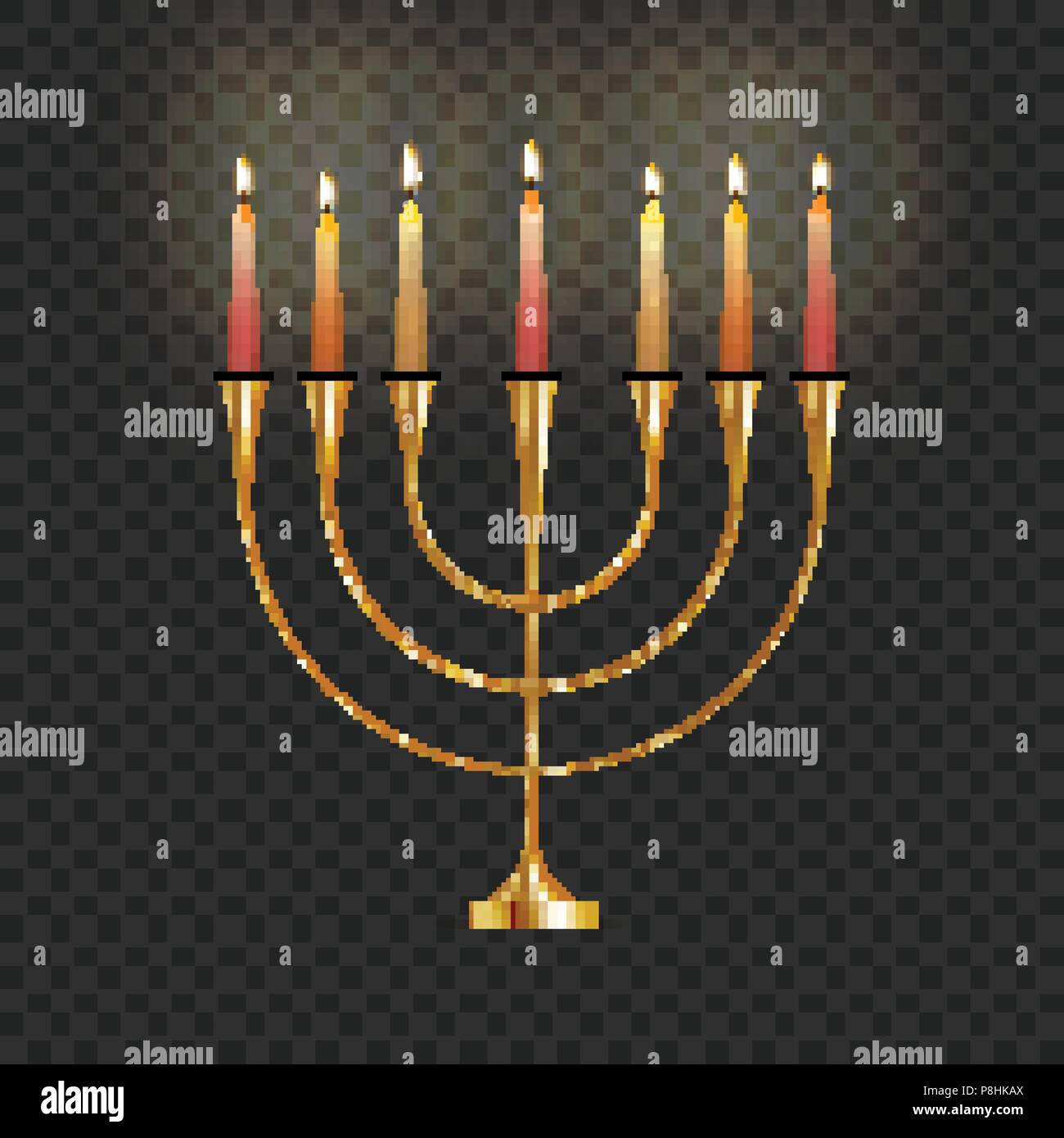 Illustration vectorielle Stock Hanukkah menorah avec des bougies isolé sur un fond transparent. Chandelier juif. Fête des Lumières, Fête de la Dédicace. Hanukkah menorah d'or. EPS 10 Illustration de Vecteur