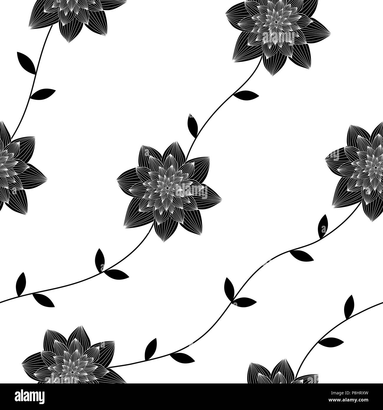 Seamless Vector, répétant des motifs texturés avec des fleurs et des feuilles. Noir et blanc monochromatique. Illustration de Vecteur