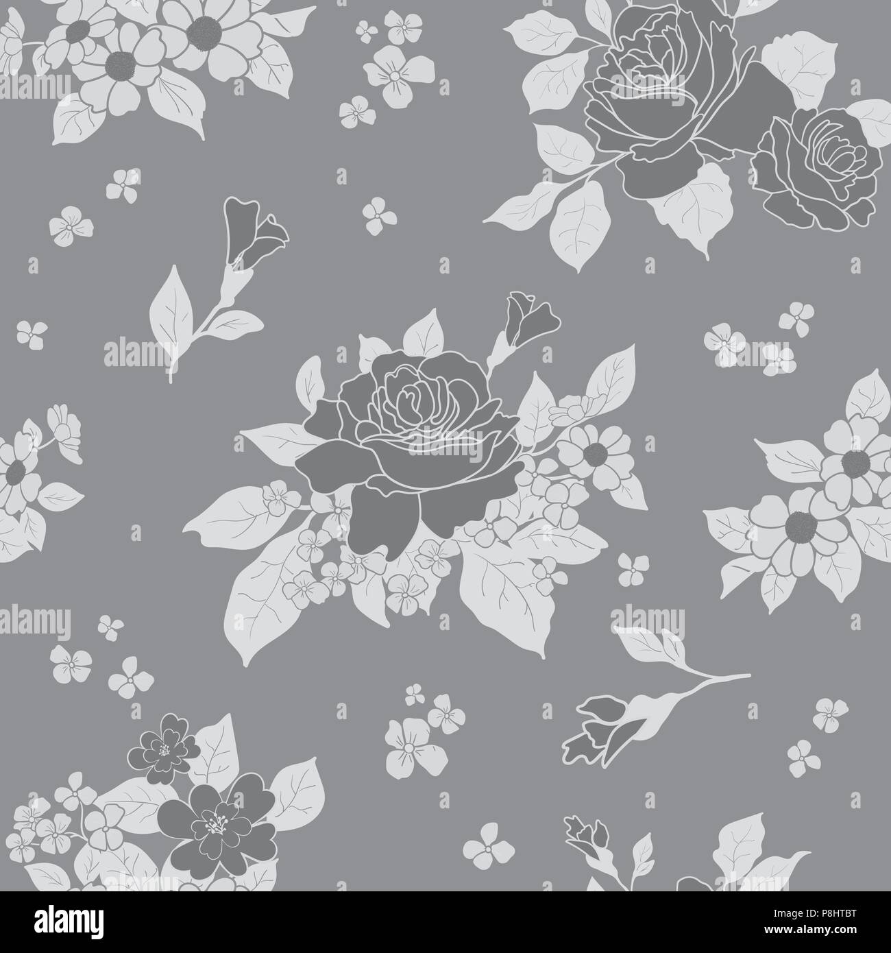 L'échelle de gris monochrome transparente - modèle de luxe en fleurs roses sur fond gris. Vector illustration. Illustration de Vecteur