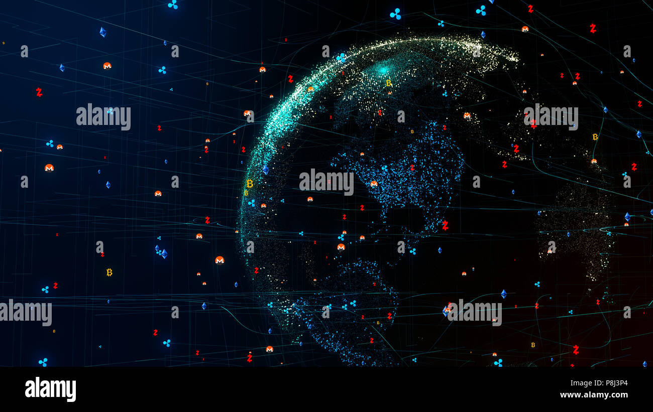 La planète Terre en 3D cyber réseau mondial avec cryptocurrency autour de globe Banque D'Images