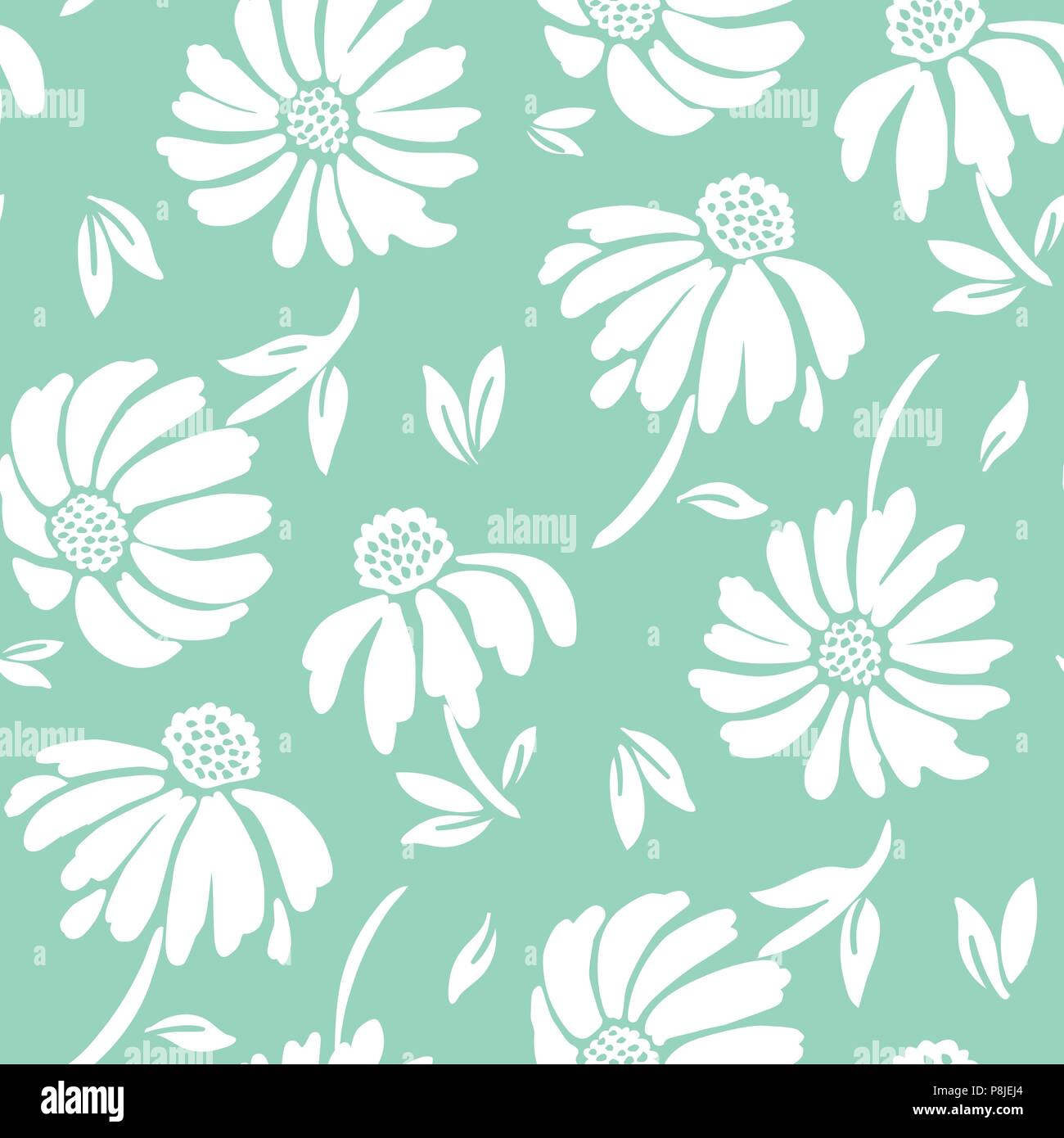 Grande échelle graphique audacieux vecteur floral seamless pattern. La main surdimensionnés simpliste floraison blanche sur fond de menthe. Retro fleurs stylisées Illustration de Vecteur