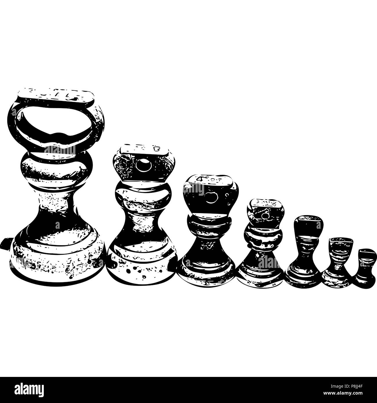 Graphique de scénario de cuisine en laiton poids de cuisson doublée côte à côte horizontalement en noir et blanc. Illustration de Vecteur