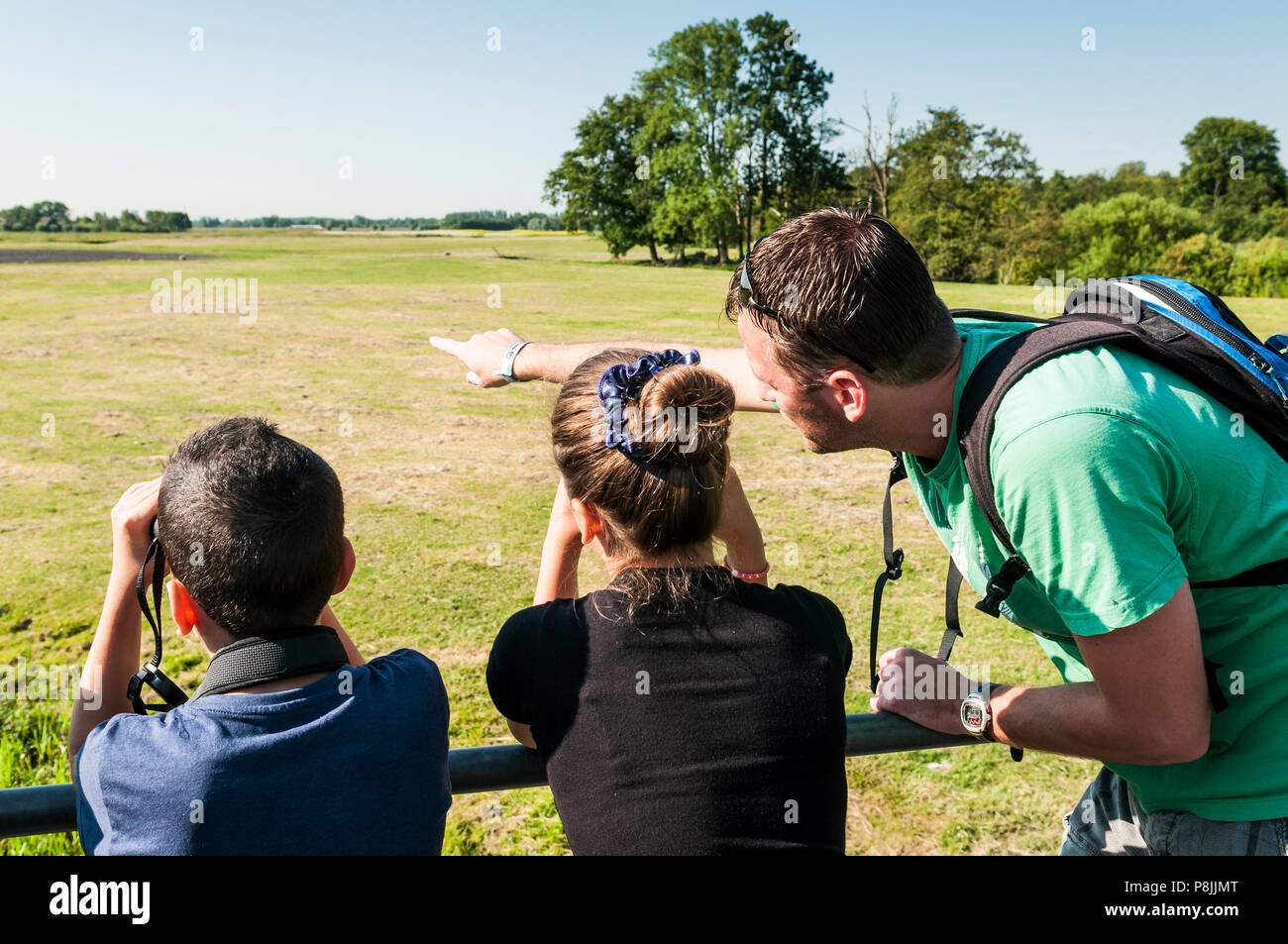 Classe de l'école de Rotterdam observer les oiseaux à l'extérieur de la ville. Banque D'Images