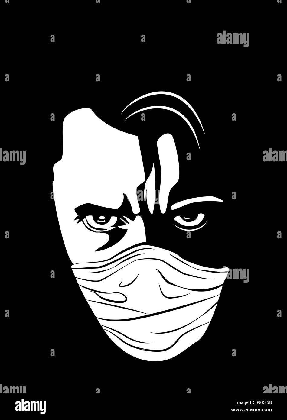 Les hommes en colère, masqué le visage, blanc sur noir Illustration de Vecteur