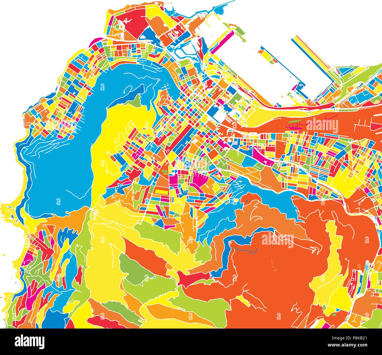 Cape Town, Afrique du Sud, coloré carte vectorielle. Rue Blanche, des chemins de fer et l'eau. Repère de couleur vive des formes. Art print pattern. Illustration de Vecteur