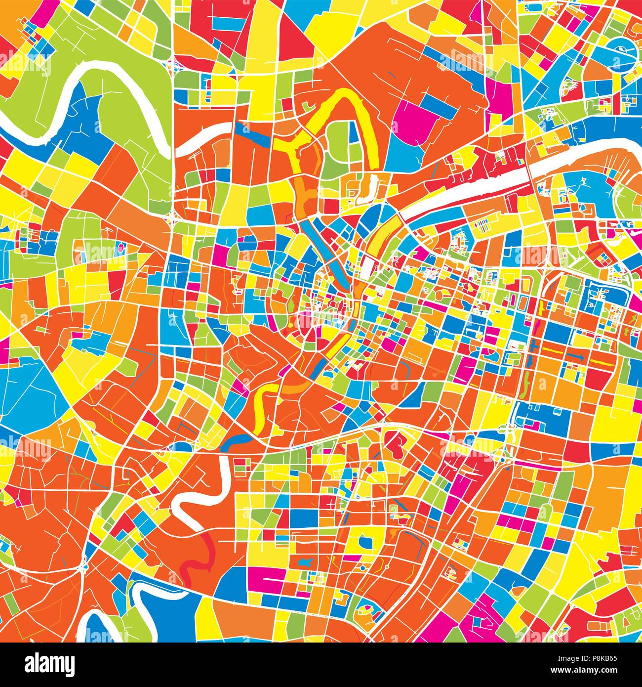 Ningbo, Chine, coloré carte vectorielle. Rue Blanche, des chemins de fer et l'eau. Repère de couleur vive des formes. Art print pattern. Illustration de Vecteur