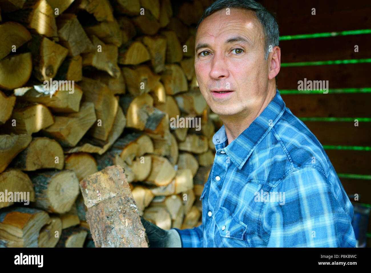 Un homme de race blanche sourit à nous pendant que ses pieux de bois pour l'hiver, pour chauffer la maison. Banque D'Images