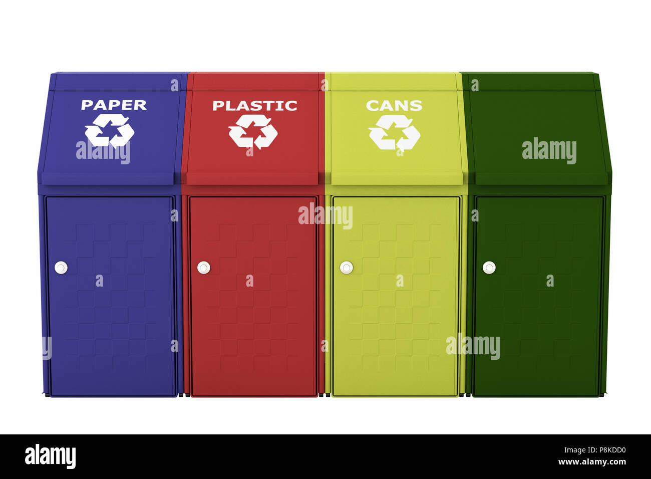 Bacs de recyclage colorées isolé sur fond blanc.  : Chemin de détourage. 3D render Banque D'Images