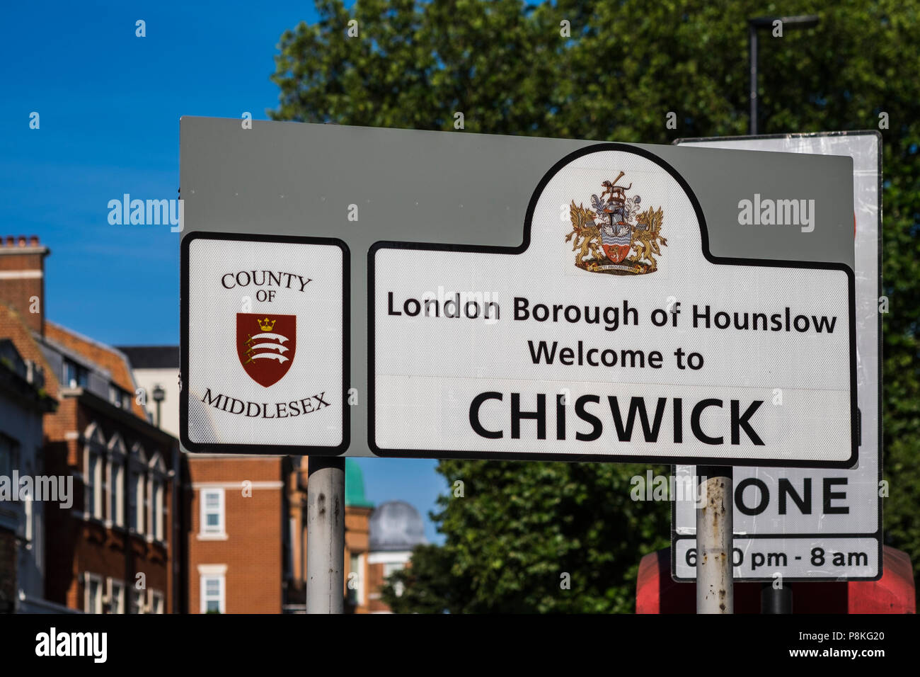 Bienvenue à Chiswick road sign, Londres, Angleterre, Royaume-Uni Banque D'Images