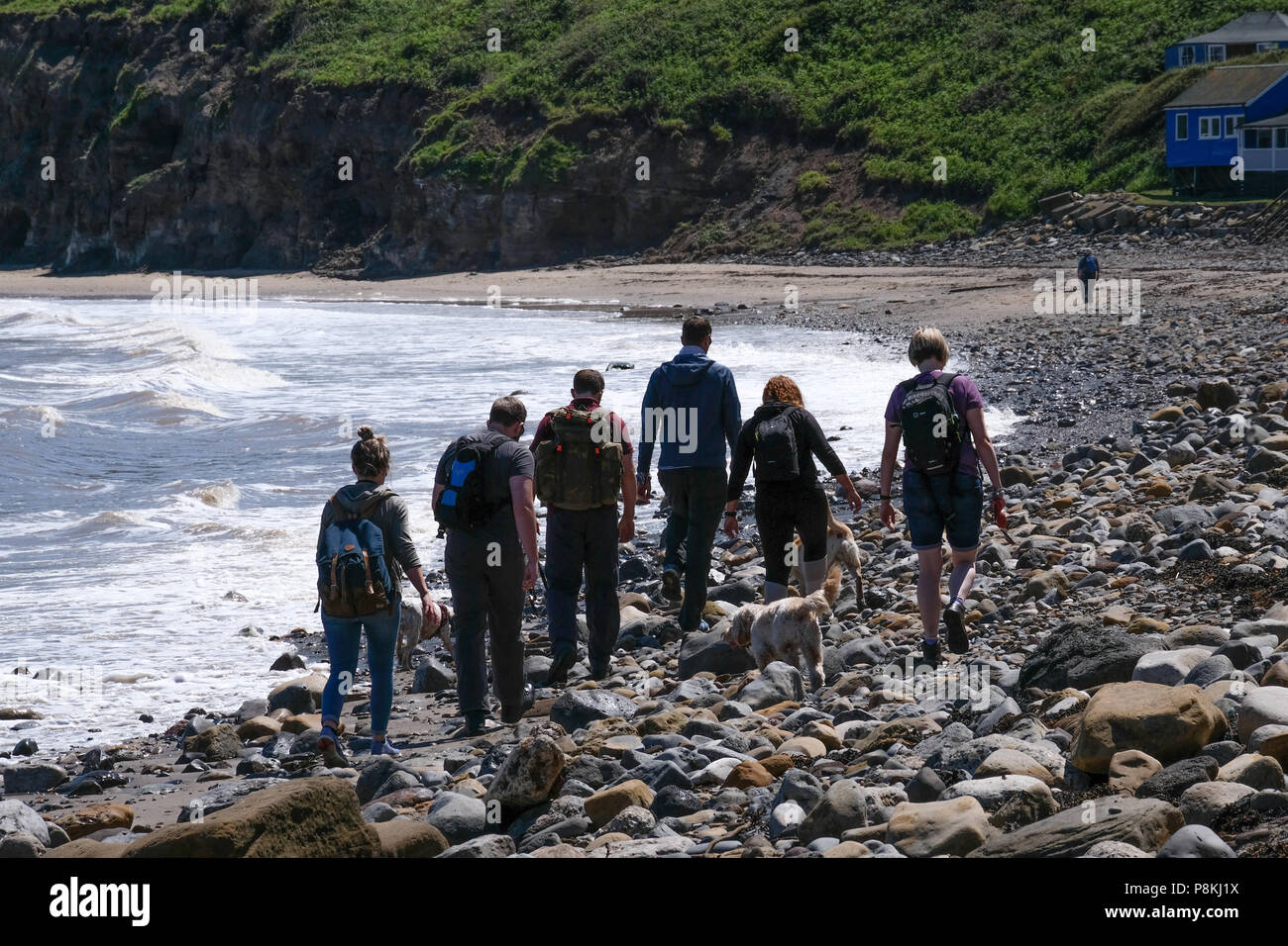 Les vacanciers et les personnes à pied les rochers sur la plage avec un chien par la mer à Runswick Bay, North Yorkshire Heritage Coast. Banque D'Images