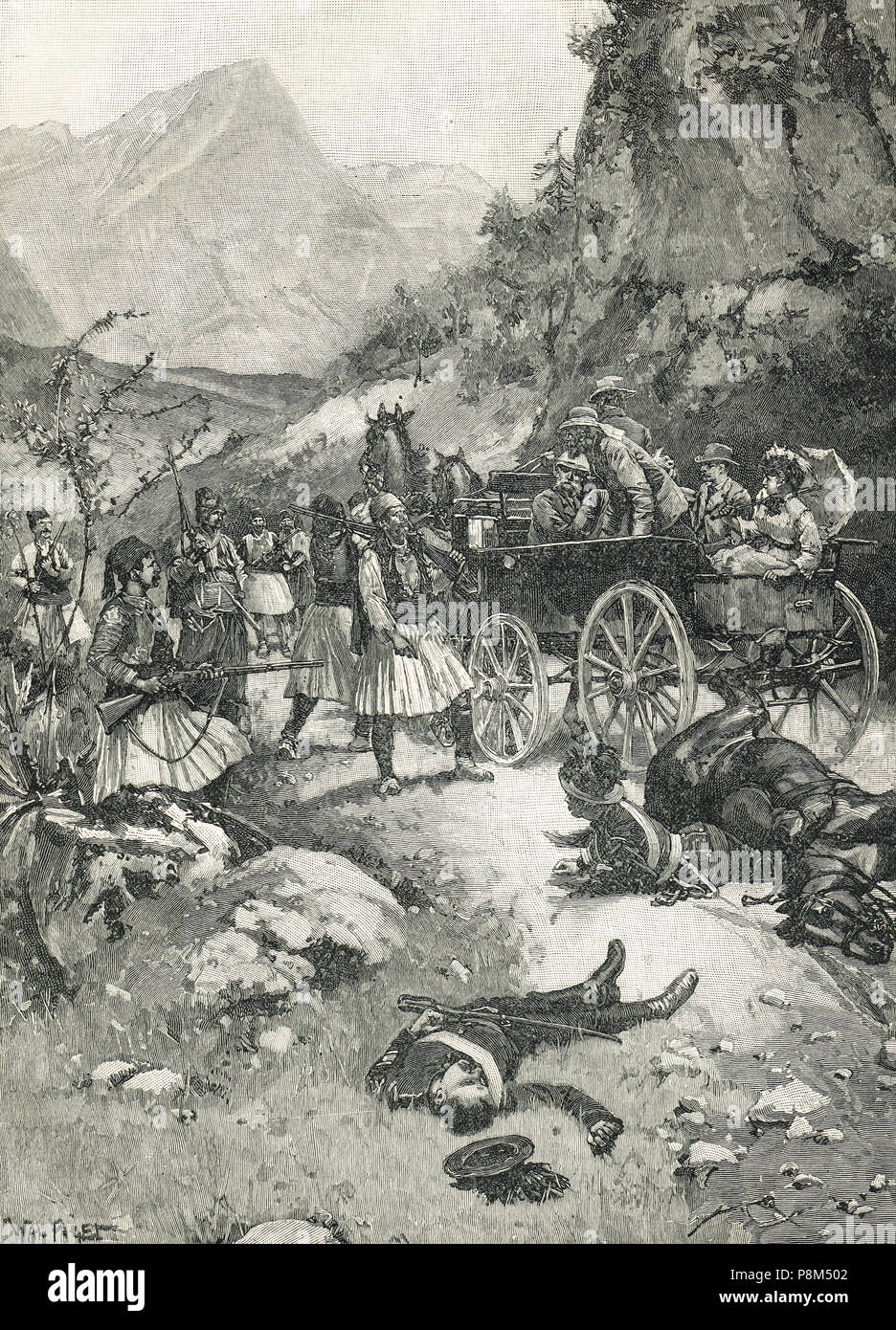 La capture de touristes anglais grec par les brigands, 12 avril 1870, À Oropos, près de Marathon, en Grèce Banque D'Images