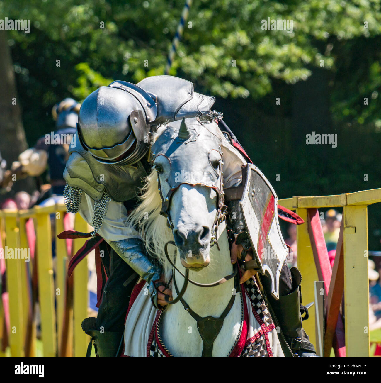 Joutes médiévales, Le Palais de Linlithgow, Ecosse, Royaume-Uni. HES été, des animations par Les Amis d'Onno equine stunt team. Un cavalier tombe de cheval Banque D'Images