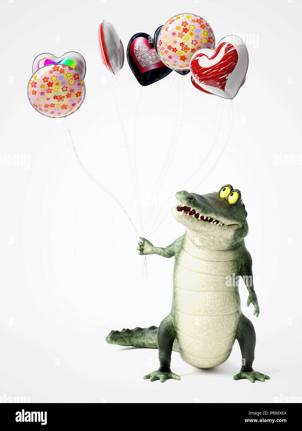 Le rendu 3D d'un mignon, sympathique caricature crocodile holding a bunch of balloons dans sa main. Banque D'Images