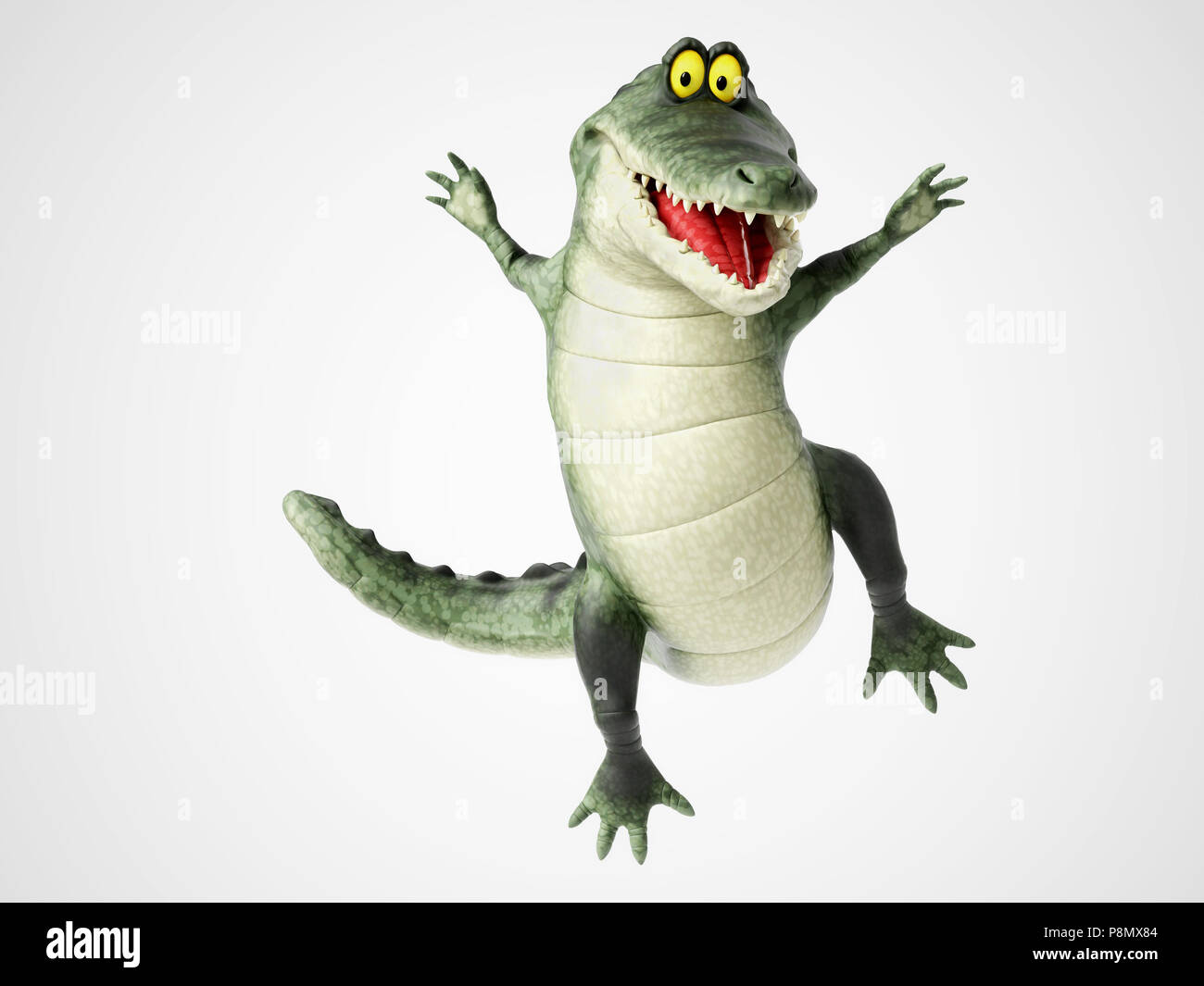 Le rendu 3D d'un dessin animé mignon, sympathique et souriant crocodile sauter de joie. Banque D'Images
