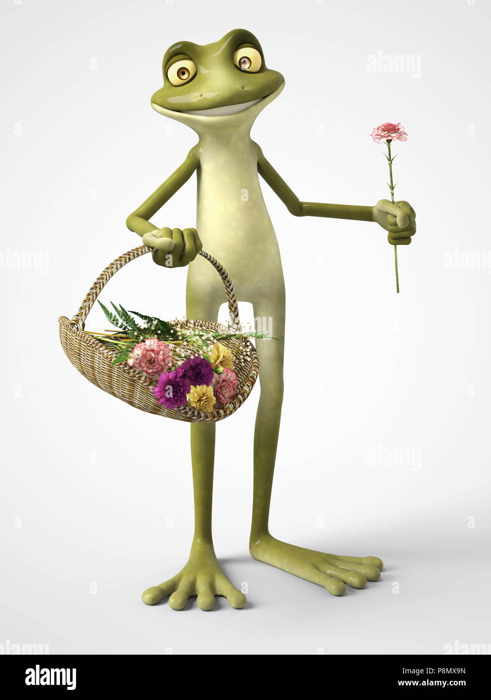 Le rendu 3D d'un dessin animé, souriant tenant une grenouille pour sportifs dans une main et un panier de fleurs d'oeillet dans l'autre. Arrière-plan blanc. Banque D'Images
