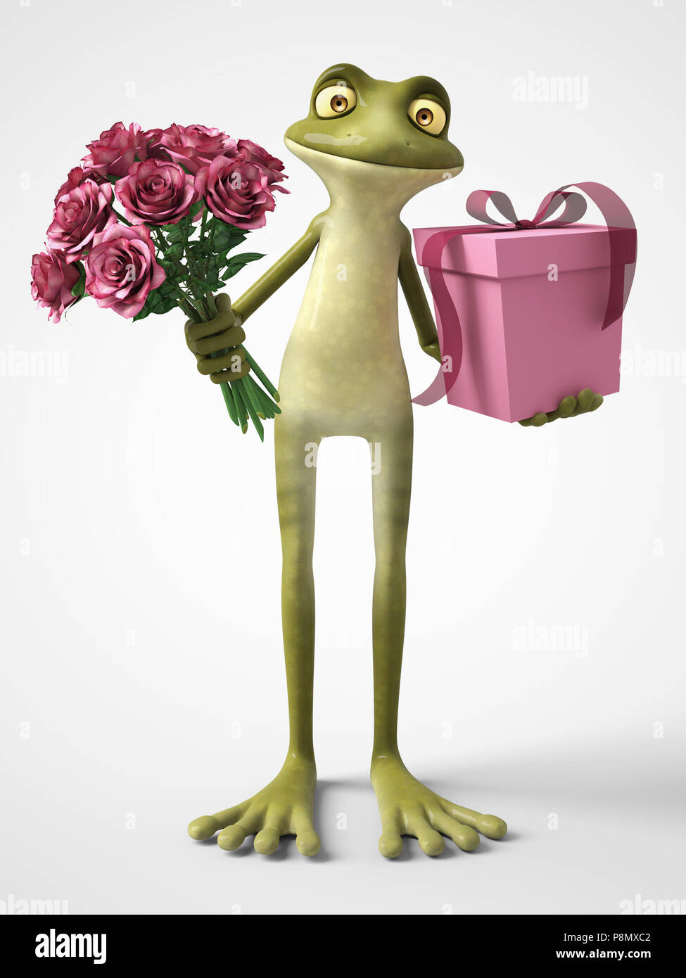Le rendu 3D d'un dessin animé, souriant tenant une grenouille romantique bouquet de roses roses dans une main et un cadeau dans l'autre. Arrière-plan blanc. Banque D'Images