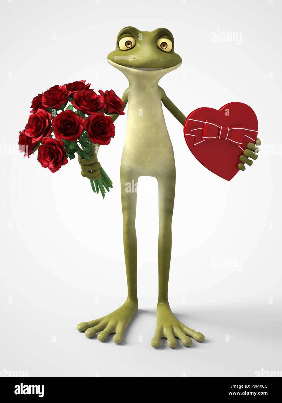 Le Rendu 3d D Un Dessin Anime Romantique Souriant Tenant Une Grenouille Rouge En Forme D Coeur Boite De Chocolat Dans Une Main Et Un Bouquet De Roses Dans L Autre Main White Photo Stock