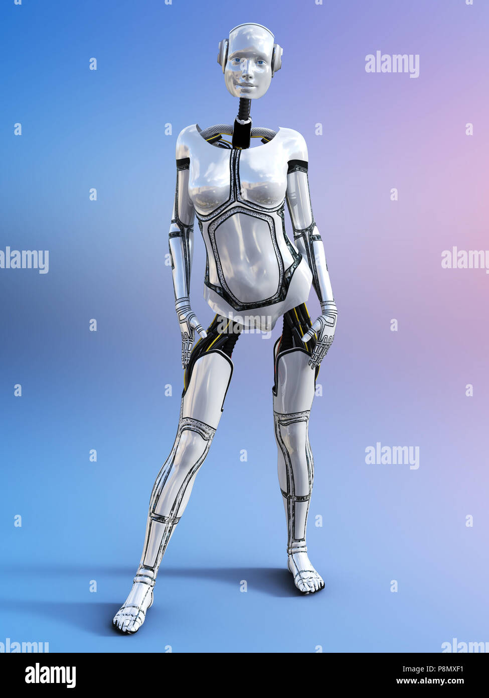 Le rendu 3D d'un robot android femelle posant contre un fond multicolore. Banque D'Images