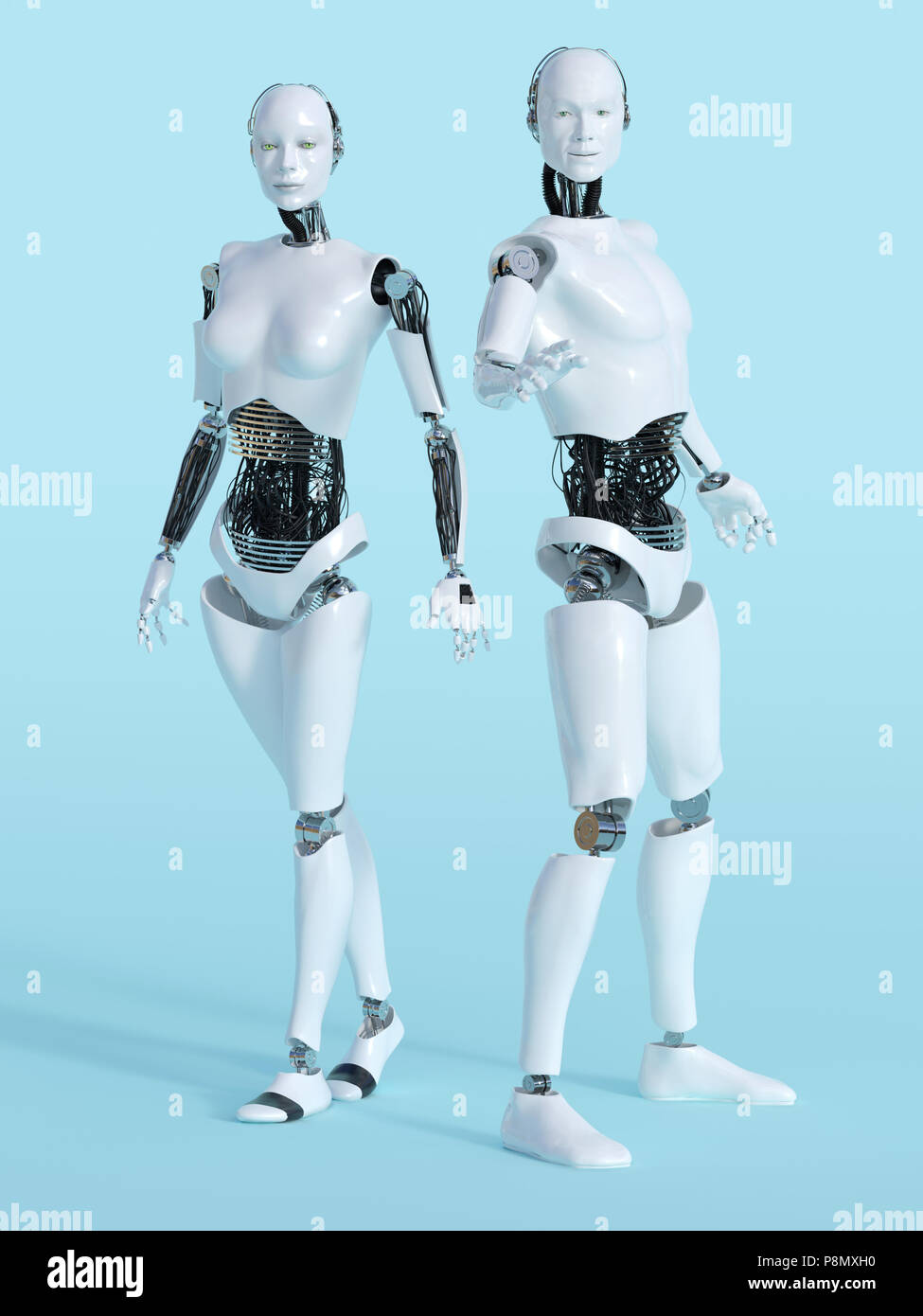 Le rendu 3D d'un homme et une femme debout robot et posant. Fond bleuâtre. Banque D'Images