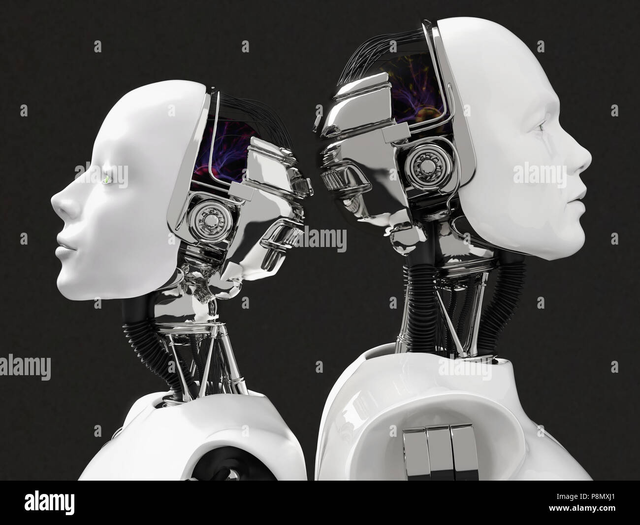 Le rendu 3D de la tête d'un robot féminin et masculin. Ils ont leurs têtes se tournèrent l'un de l'autre, debout dos à dos. Fond noir. Banque D'Images