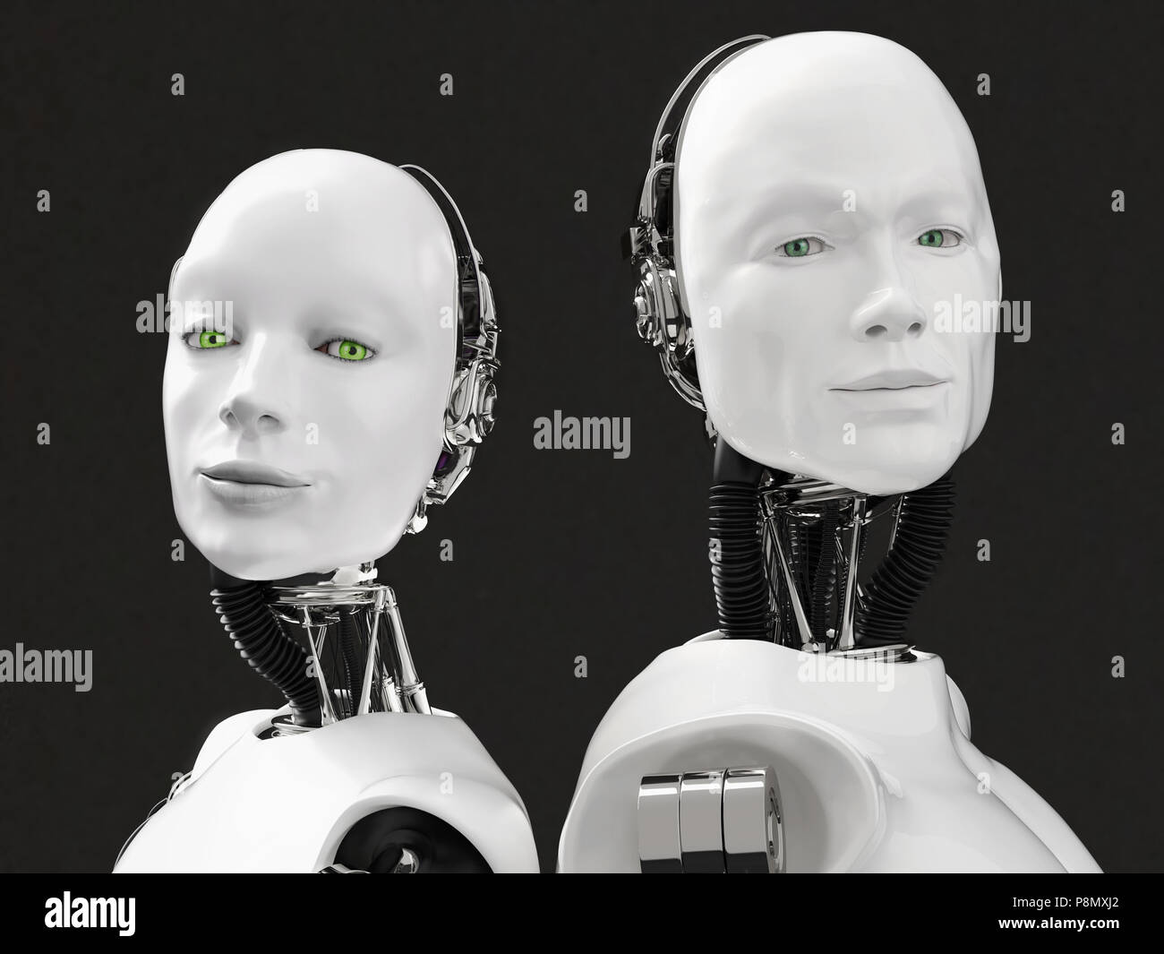 Le rendu 3D de la tête d'un robot féminin et masculin. Ils ont la tête tournée vers la caméra, debout dos à dos. Fond noir. Banque D'Images