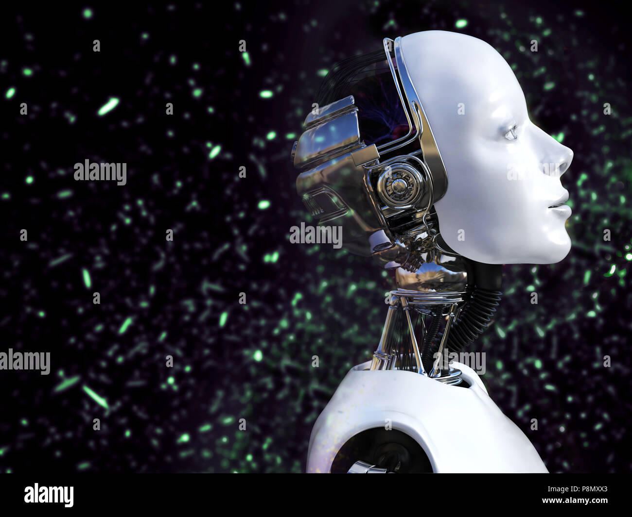 Le rendu 3D d'un robot femelle bokeh avec effet de lumière. Banque D'Images