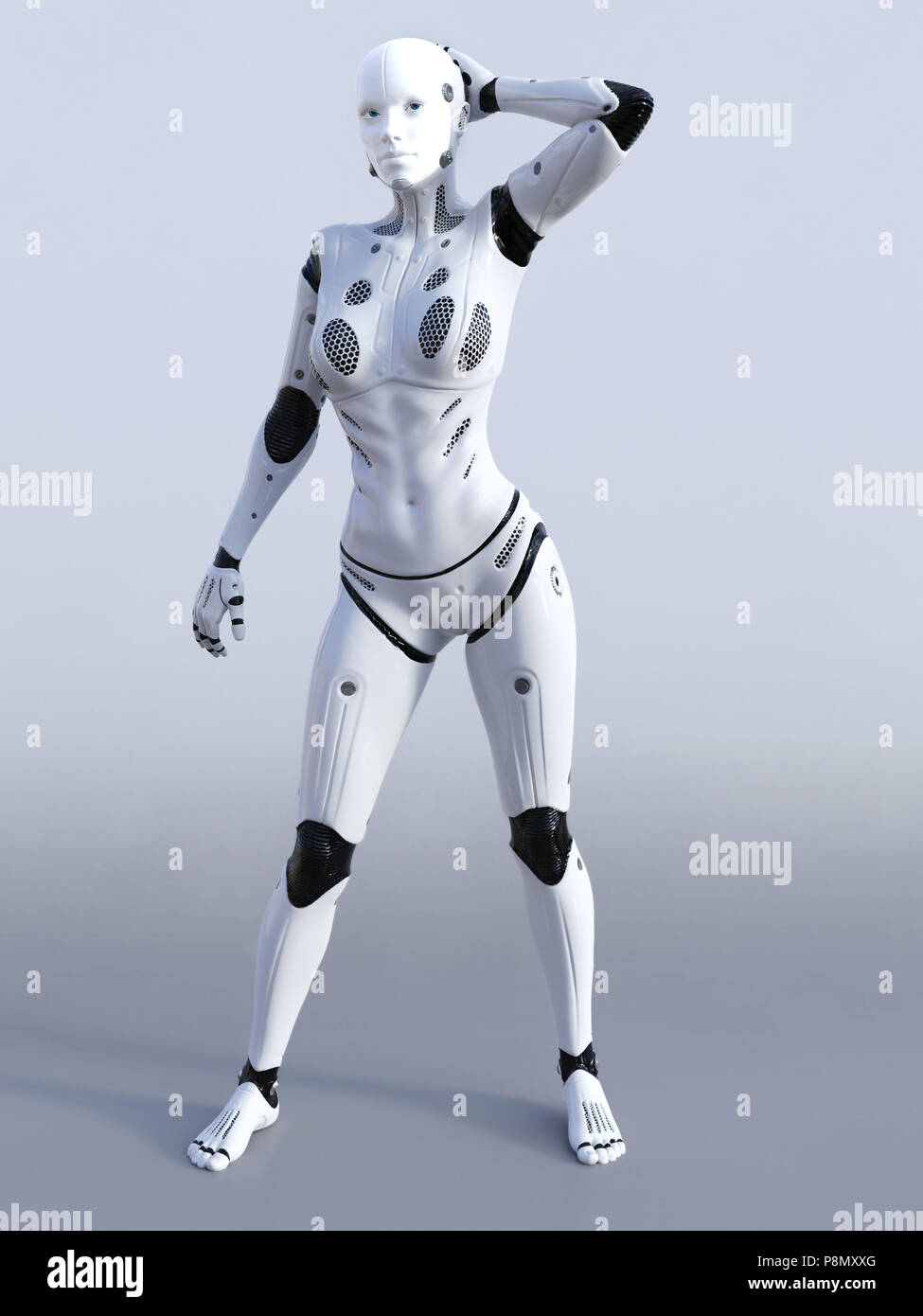 Le rendu 3D d'un robot féminin et permanent. Fond gris. Banque D'Images