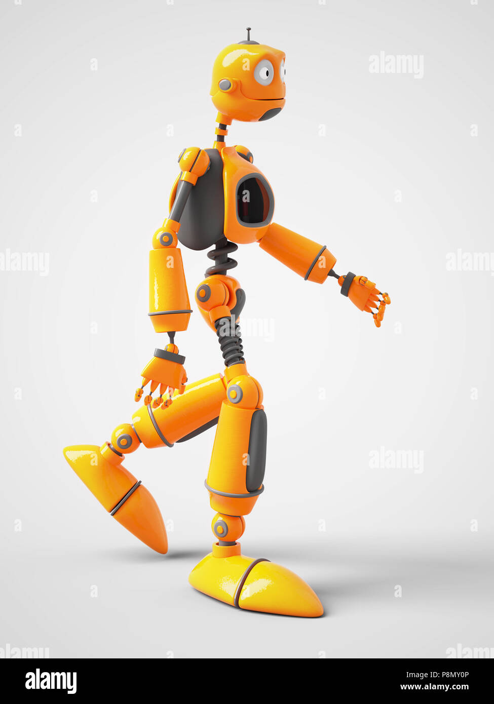 Le rendu 3D d'un robot de dessin animé jaune marche à pied. Arrière-plan blanc. Banque D'Images