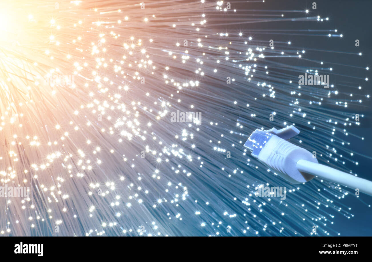 Contexte technologique futuriste, gros plan sur l'extrémité de la fibre optique câble réseau sur fond orange-bleu Banque D'Images