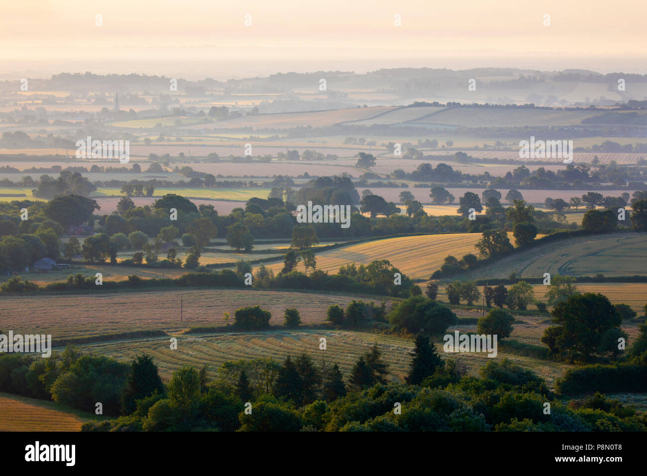 Vue sur les terres agricoles de la lumière du soleil du matin brumeux dans Warwickshire pris de la valeur au-dessus du village d'Ilmington, les Cotswolds, Warwickshire, Angleterre Banque D'Images